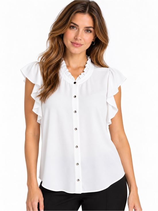 Calvin Klein Tops - Calvin Klein White Ruffle Collar Flutter Cap Sleeve Button Front Blouse Top L